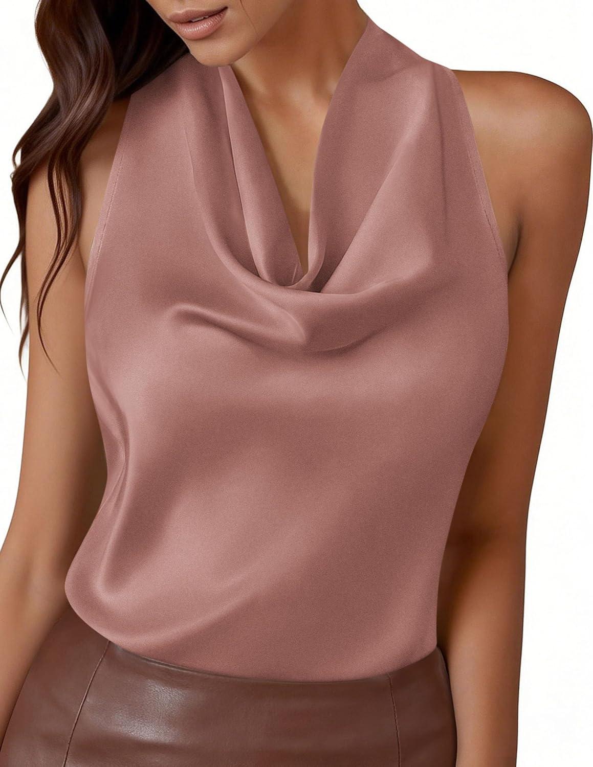 imagePRETTYGARDEN Silk Satin Halter Tops for Women Summer 2026 Cowl Neck Tie Back Going Out Sleeveless Business Casual Tank TopPink