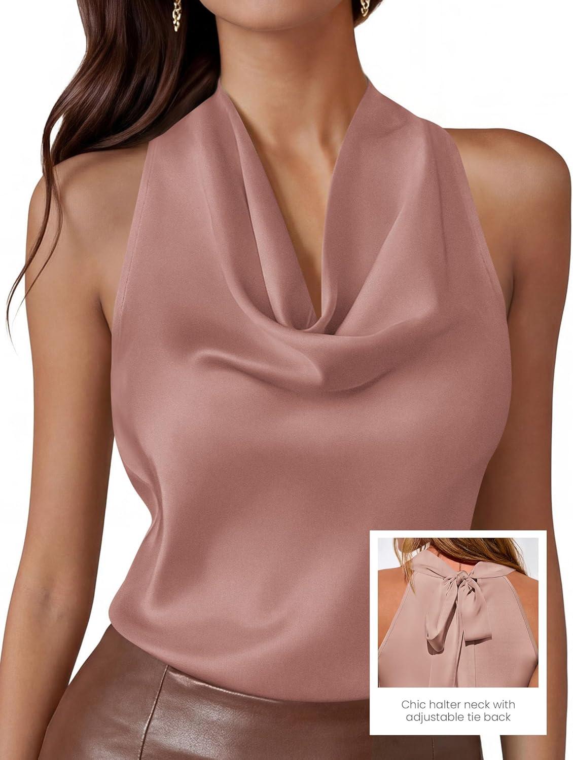 imagePRETTYGARDEN Silk Satin Halter Tops for Women Summer 2026 Cowl Neck Tie Back Going Out Sleeveless Business Casual Tank TopPink