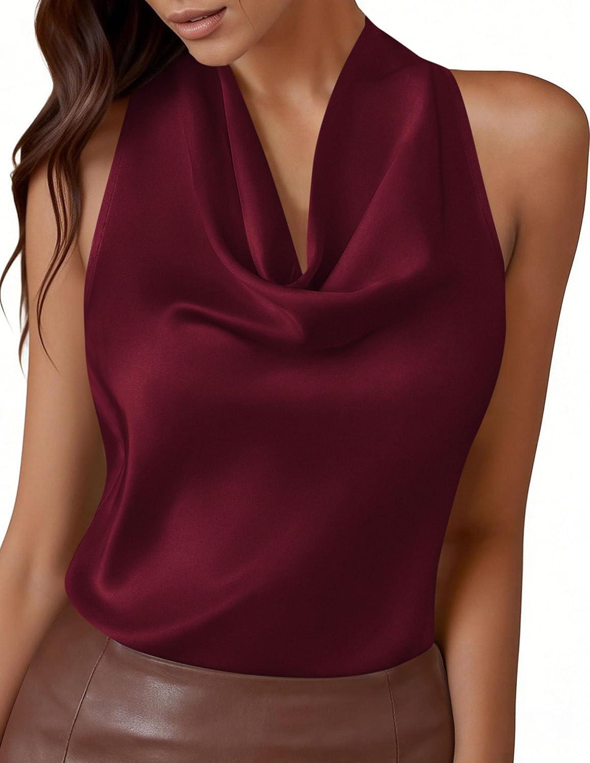 imagePRETTYGARDEN Silk Satin Halter Tops for Women Summer 2026 Cowl Neck Tie Back Going Out Sleeveless Business Casual Tank TopWine Red