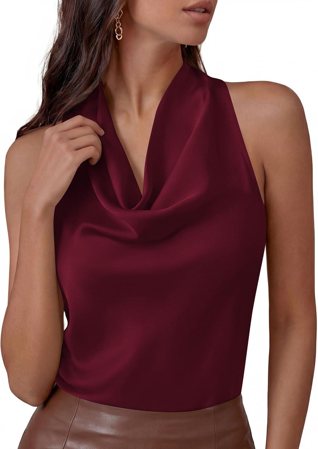 imagePRETTYGARDEN Silk Satin Halter Tops for Women Summer 2026 Cowl Neck Tie Back Going Out Sleeveless Business Casual Tank TopWine Red