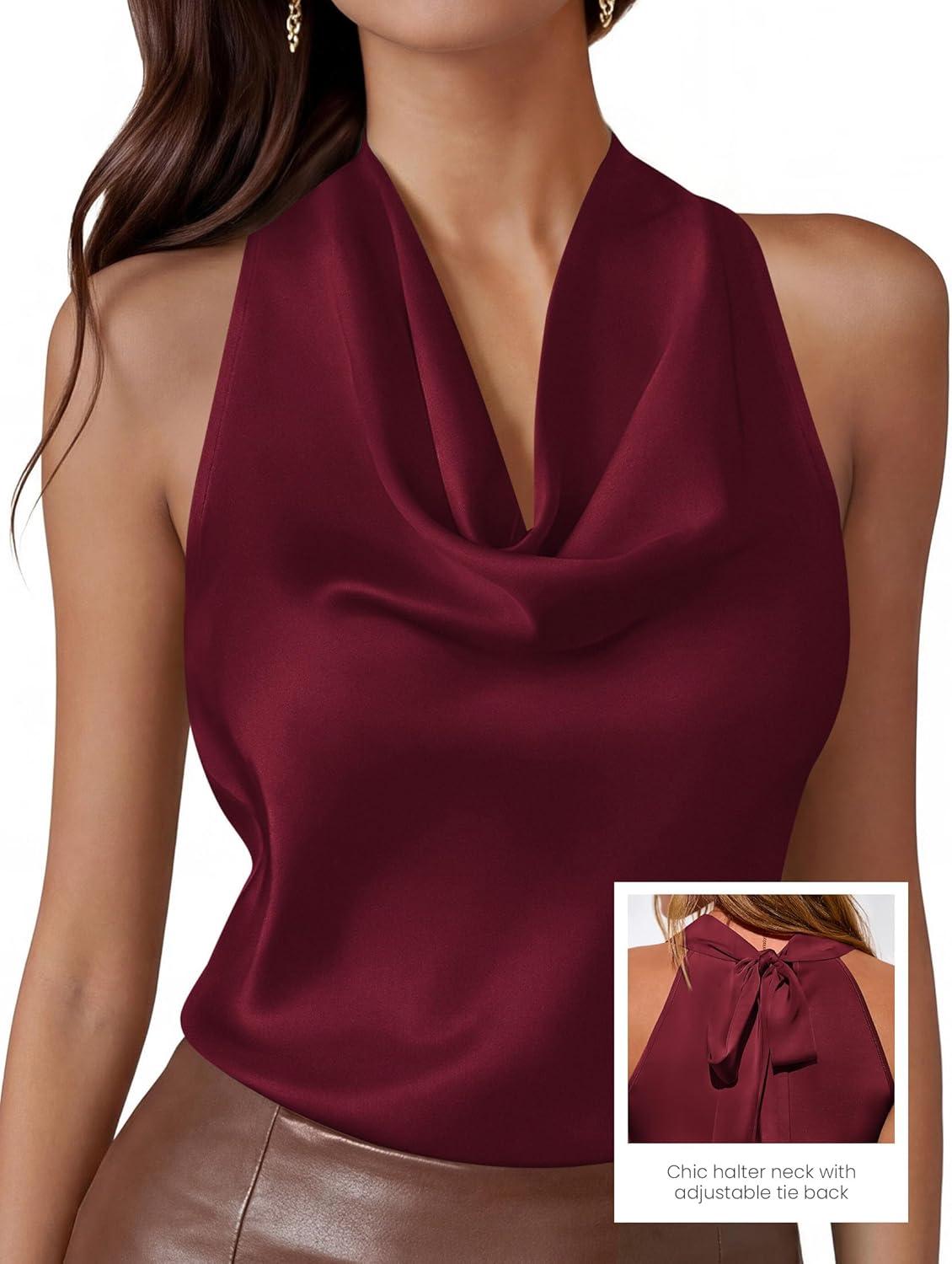 imagePRETTYGARDEN Silk Satin Halter Tops for Women Summer 2026 Cowl Neck Tie Back Going Out Sleeveless Business Casual Tank TopWine Red