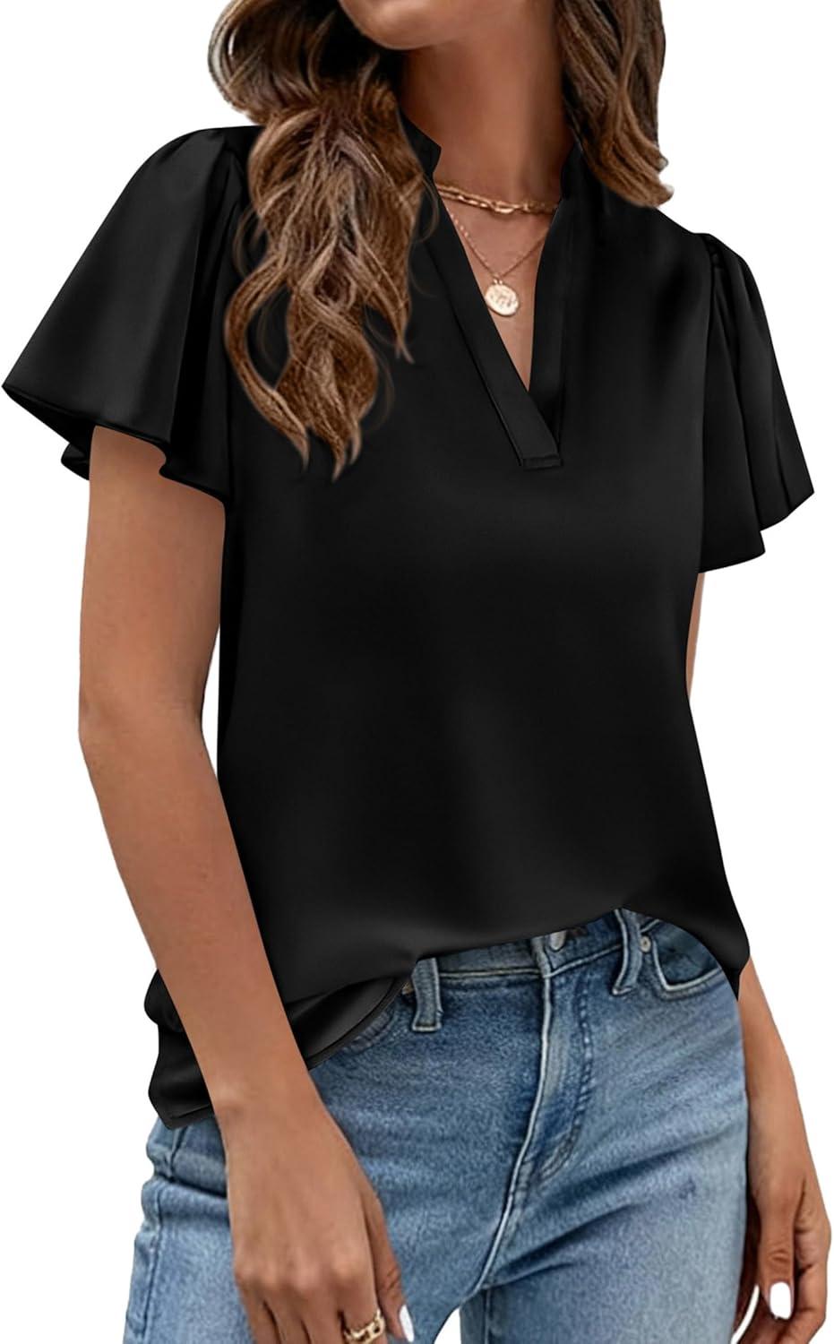 imagePRETTYGARDEN Womens 2026 Summer Satin Blouses Dressy Casual Ruffle Cap Sleeve V Neck Business Work Cute Tops Spring OutfitsBlack