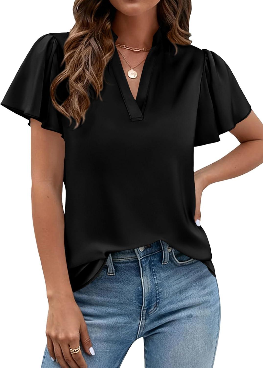 imagePRETTYGARDEN Womens 2026 Summer Satin Blouses Dressy Casual Ruffle Cap Sleeve V Neck Business Work Cute Tops Spring OutfitsBlack