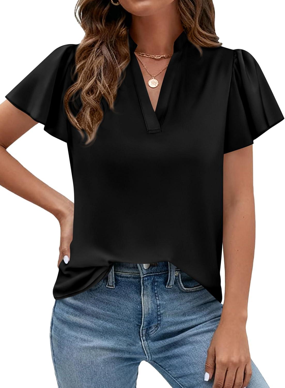 imagePRETTYGARDEN Womens 2026 Summer Satin Blouses Dressy Casual Ruffle Cap Sleeve V Neck Business Work Cute Tops Spring OutfitsBlack