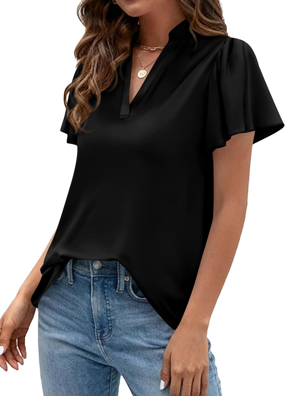 imagePRETTYGARDEN Womens 2026 Summer Satin Blouses Dressy Casual Ruffle Cap Sleeve V Neck Business Work Cute Tops Spring OutfitsBlack