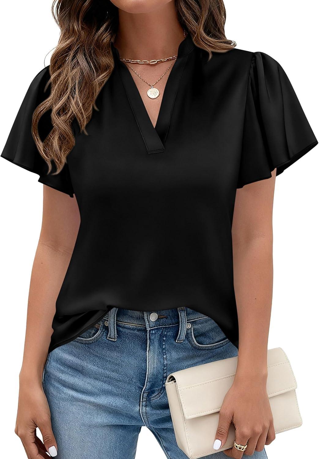 imagePRETTYGARDEN Womens 2026 Summer Satin Blouses Dressy Casual Ruffle Cap Sleeve V Neck Business Work Cute Tops Spring OutfitsBlack