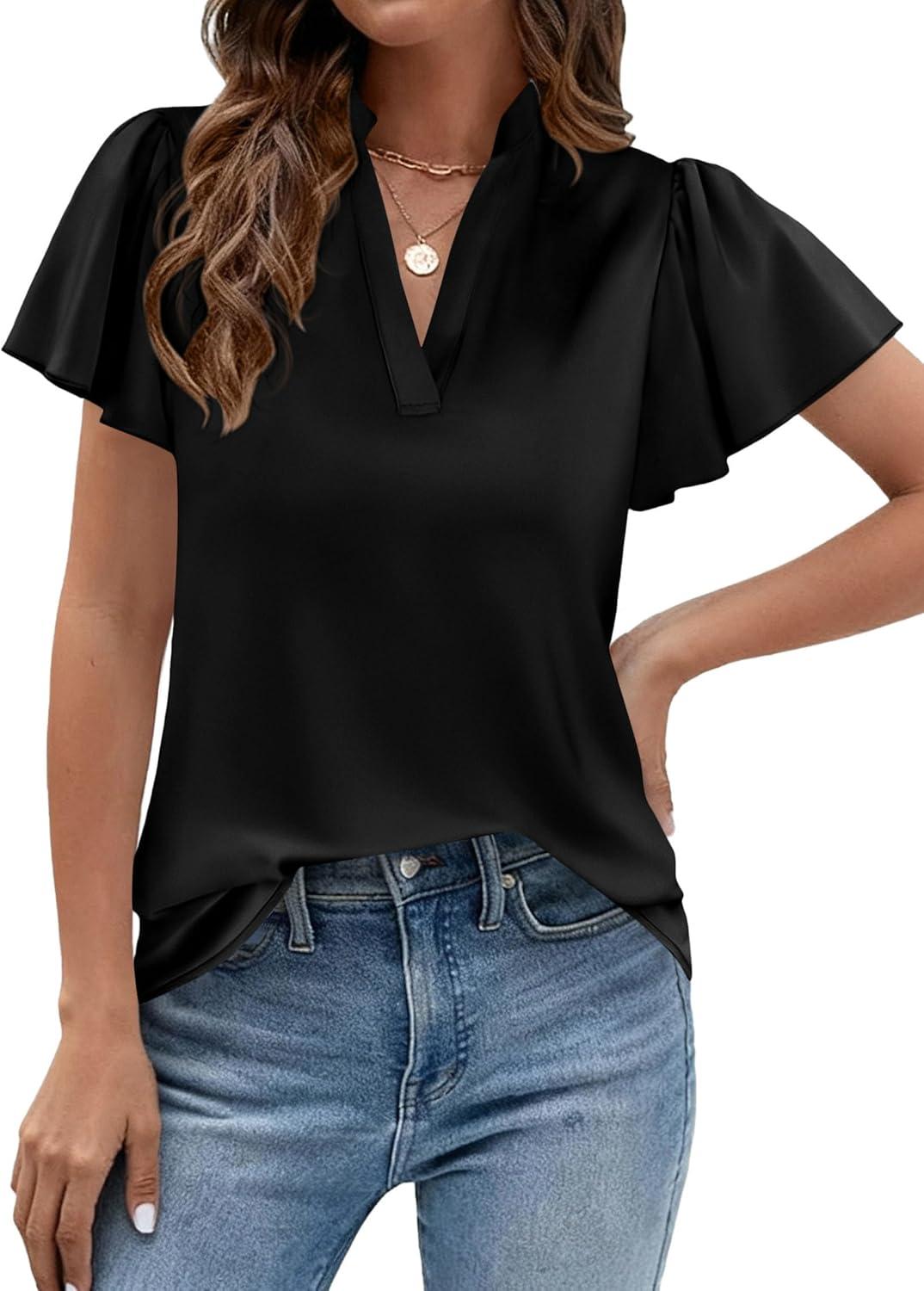 imagePRETTYGARDEN Womens 2026 Summer Satin Blouses Dressy Casual Ruffle Cap Sleeve V Neck Business Work Cute Tops Spring OutfitsBlack