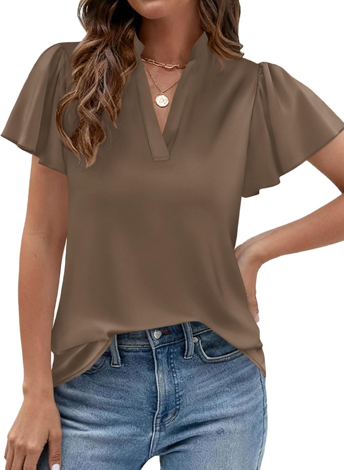 imagePRETTYGARDEN Womens 2026 Summer Satin Blouses Dressy Casual Ruffle Cap Sleeve V Neck Business Work Cute Tops Spring OutfitsBrown
