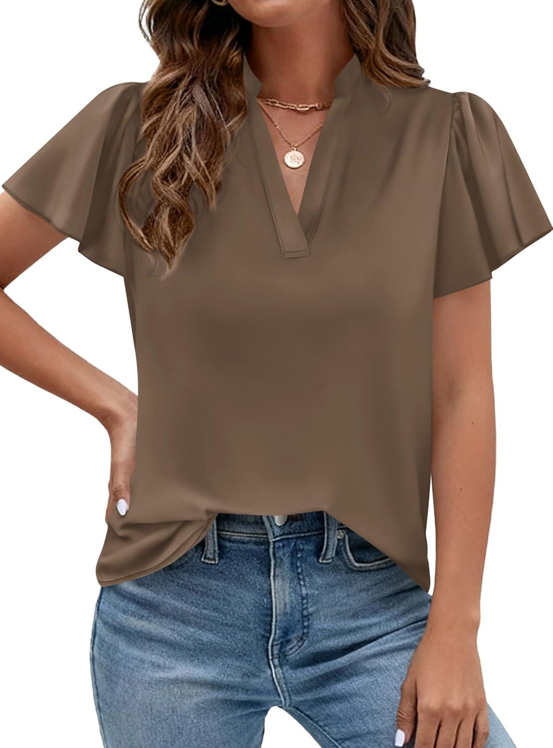 imagePRETTYGARDEN Womens 2026 Summer Satin Blouses Dressy Casual Ruffle Cap Sleeve V Neck Business Work Cute Tops Spring OutfitsBrown