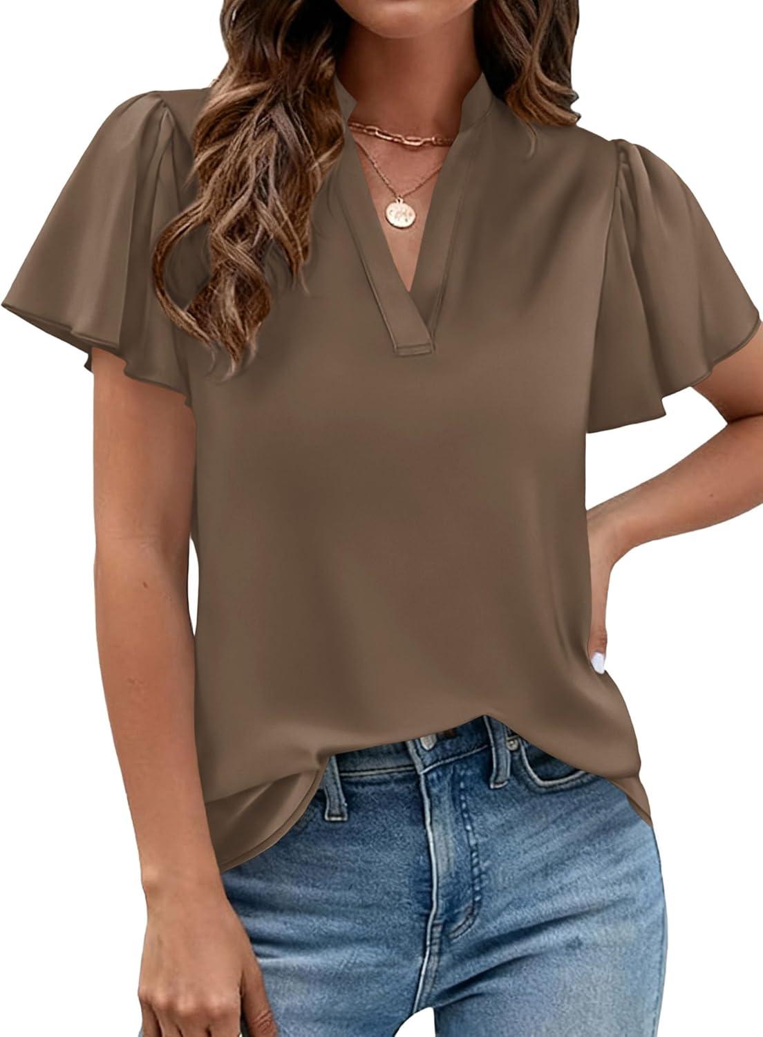 imagePRETTYGARDEN Womens 2026 Summer Satin Blouses Dressy Casual Ruffle Cap Sleeve V Neck Business Work Cute Tops Spring OutfitsBrown