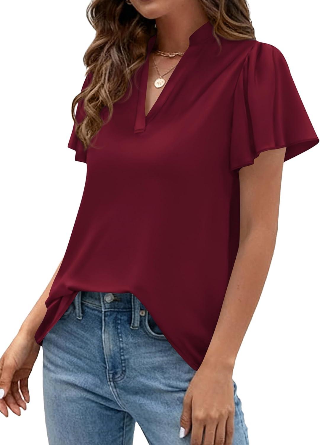 imagePRETTYGARDEN Womens 2026 Summer Satin Blouses Dressy Casual Ruffle Cap Sleeve V Neck Business Work Cute Tops Spring OutfitsBurgundy