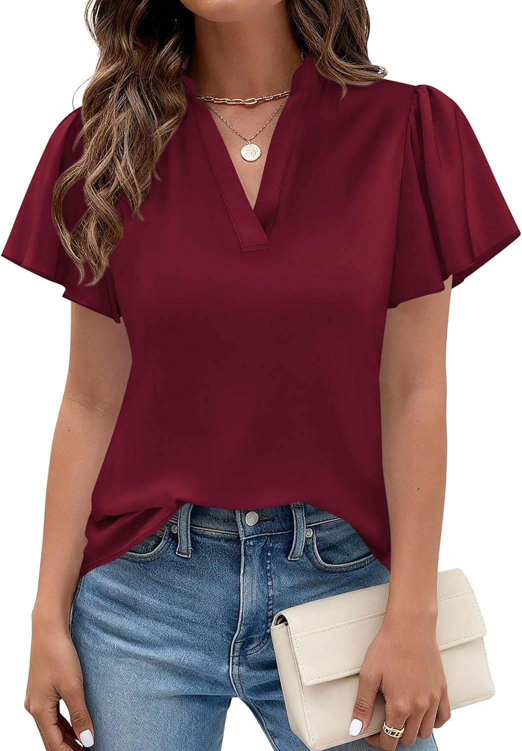 imagePRETTYGARDEN Womens 2026 Summer Satin Blouses Dressy Casual Ruffle Cap Sleeve V Neck Business Work Cute Tops Spring OutfitsBurgundy