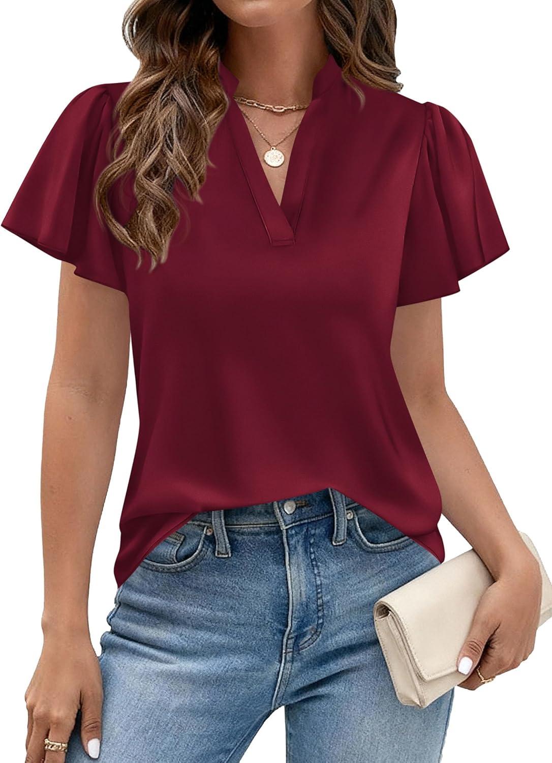 imagePRETTYGARDEN Womens 2026 Summer Satin Blouses Dressy Casual Ruffle Cap Sleeve V Neck Business Work Cute Tops Spring OutfitsBurgundy