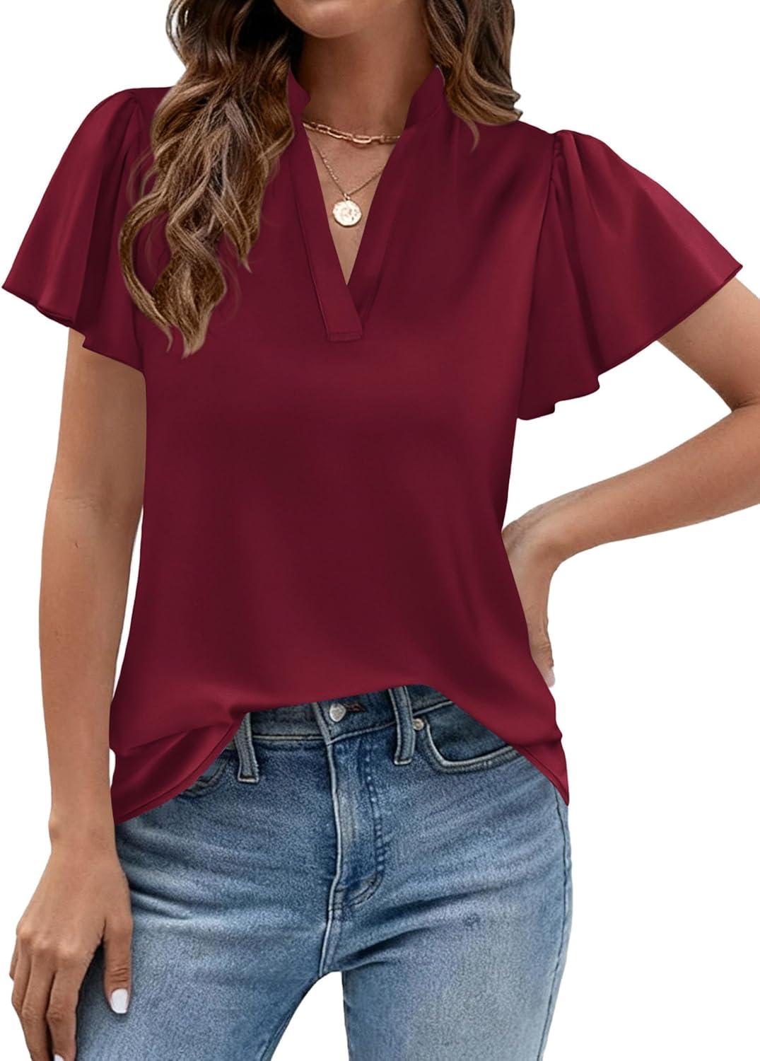 imagePRETTYGARDEN Womens 2026 Summer Satin Blouses Dressy Casual Ruffle Cap Sleeve V Neck Business Work Cute Tops Spring OutfitsBurgundy