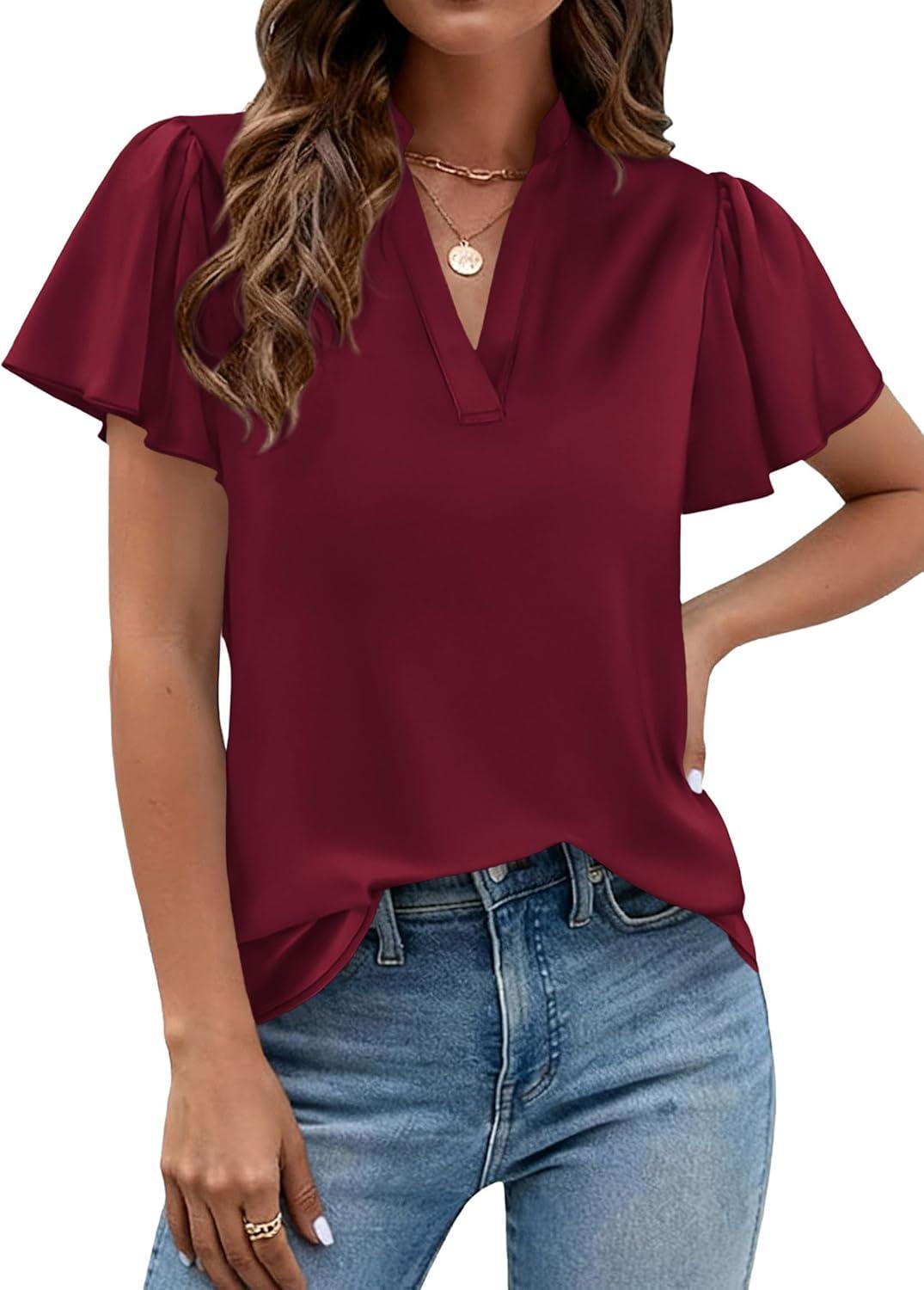 imagePRETTYGARDEN Womens 2026 Summer Satin Blouses Dressy Casual Ruffle Cap Sleeve V Neck Business Work Cute Tops Spring OutfitsBurgundy