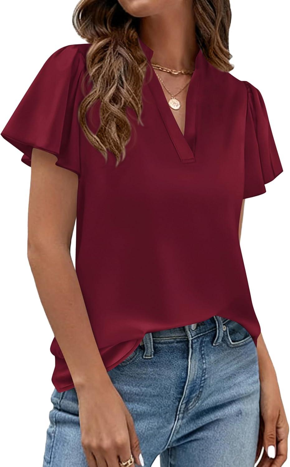 imagePRETTYGARDEN Womens 2026 Summer Satin Blouses Dressy Casual Ruffle Cap Sleeve V Neck Business Work Cute Tops Spring OutfitsBurgundy