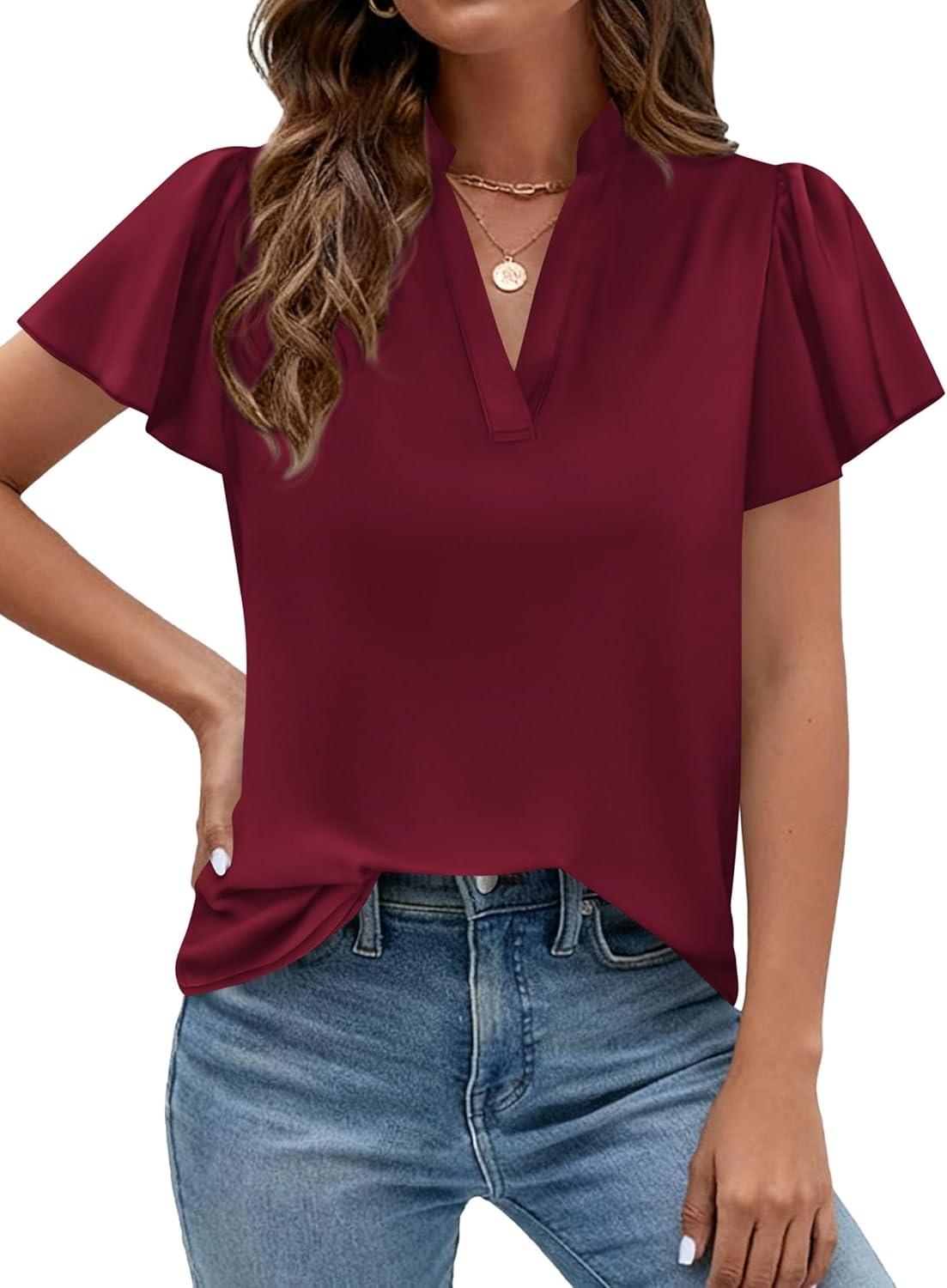 imagePRETTYGARDEN Womens 2026 Summer Satin Blouses Dressy Casual Ruffle Cap Sleeve V Neck Business Work Cute Tops Spring OutfitsBurgundy