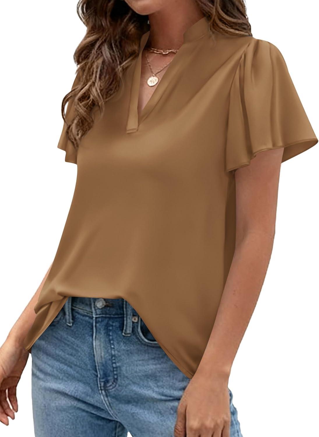 imagePRETTYGARDEN Womens 2026 Summer Satin Blouses Dressy Casual Ruffle Cap Sleeve V Neck Business Work Cute Tops Spring OutfitsChampagne