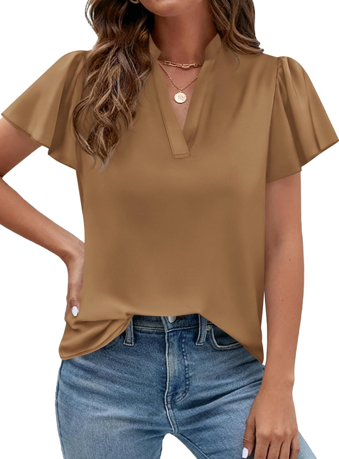 imagePRETTYGARDEN Womens 2026 Summer Satin Blouses Dressy Casual Ruffle Cap Sleeve V Neck Business Work Cute Tops Spring OutfitsChampagne