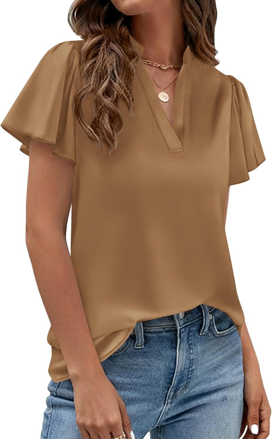 imagePRETTYGARDEN Womens 2026 Summer Satin Blouses Dressy Casual Ruffle Cap Sleeve V Neck Business Work Cute Tops Spring OutfitsChampagne