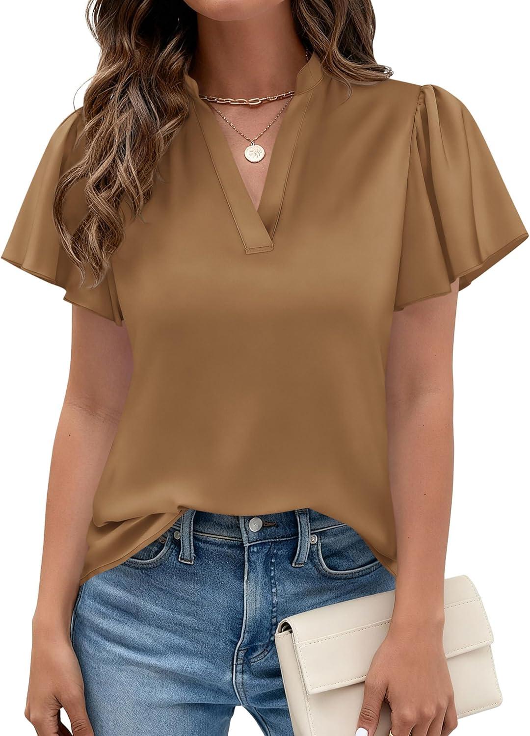 imagePRETTYGARDEN Womens 2026 Summer Satin Blouses Dressy Casual Ruffle Cap Sleeve V Neck Business Work Cute Tops Spring OutfitsChampagne