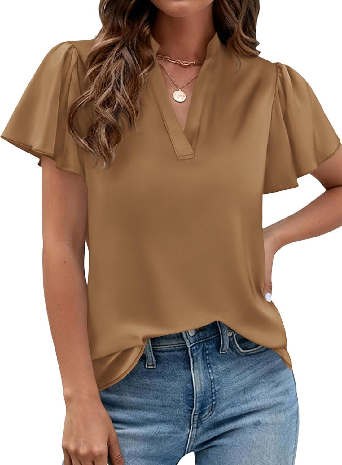 imagePRETTYGARDEN Womens 2026 Summer Satin Blouses Dressy Casual Ruffle Cap Sleeve V Neck Business Work Cute Tops Spring OutfitsChampagne