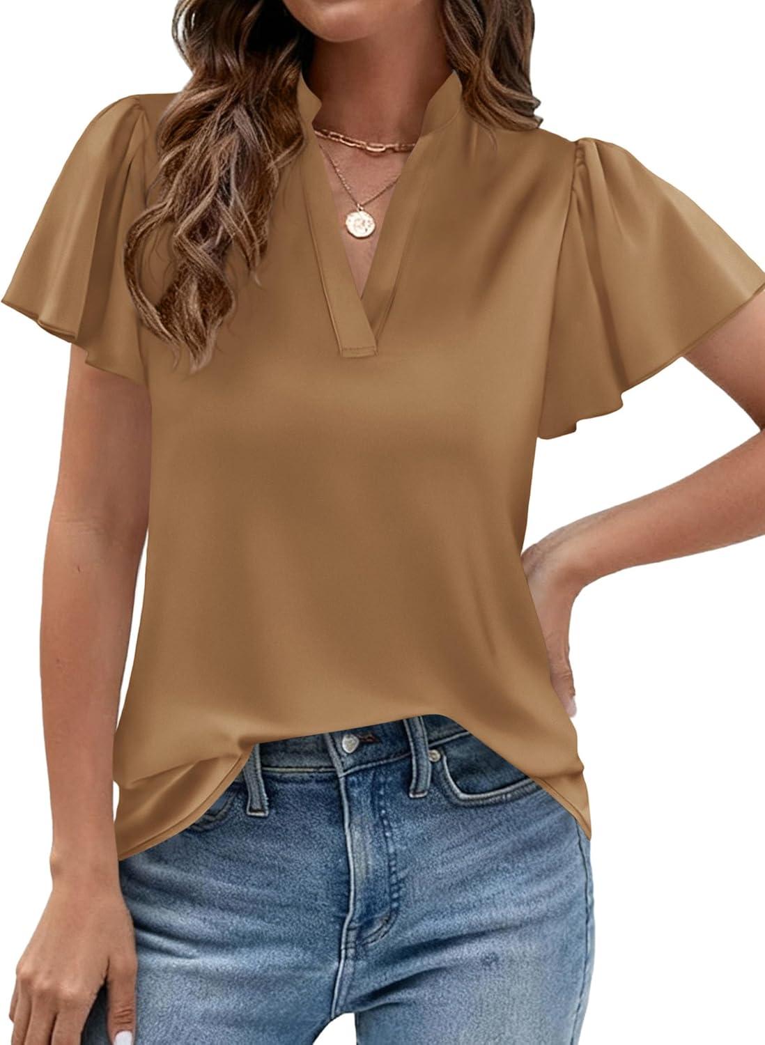 imagePRETTYGARDEN Womens 2026 Summer Satin Blouses Dressy Casual Ruffle Cap Sleeve V Neck Business Work Cute Tops Spring OutfitsChampagne