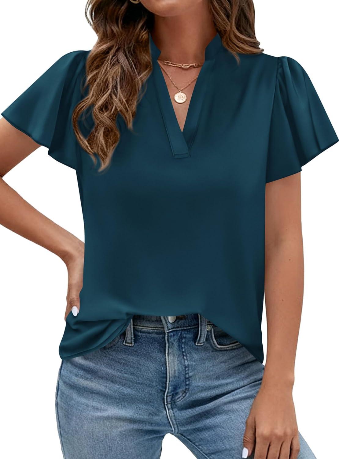 imagePRETTYGARDEN Womens 2026 Summer Satin Blouses Dressy Casual Ruffle Cap Sleeve V Neck Business Work Cute Tops Spring OutfitsDark Blue