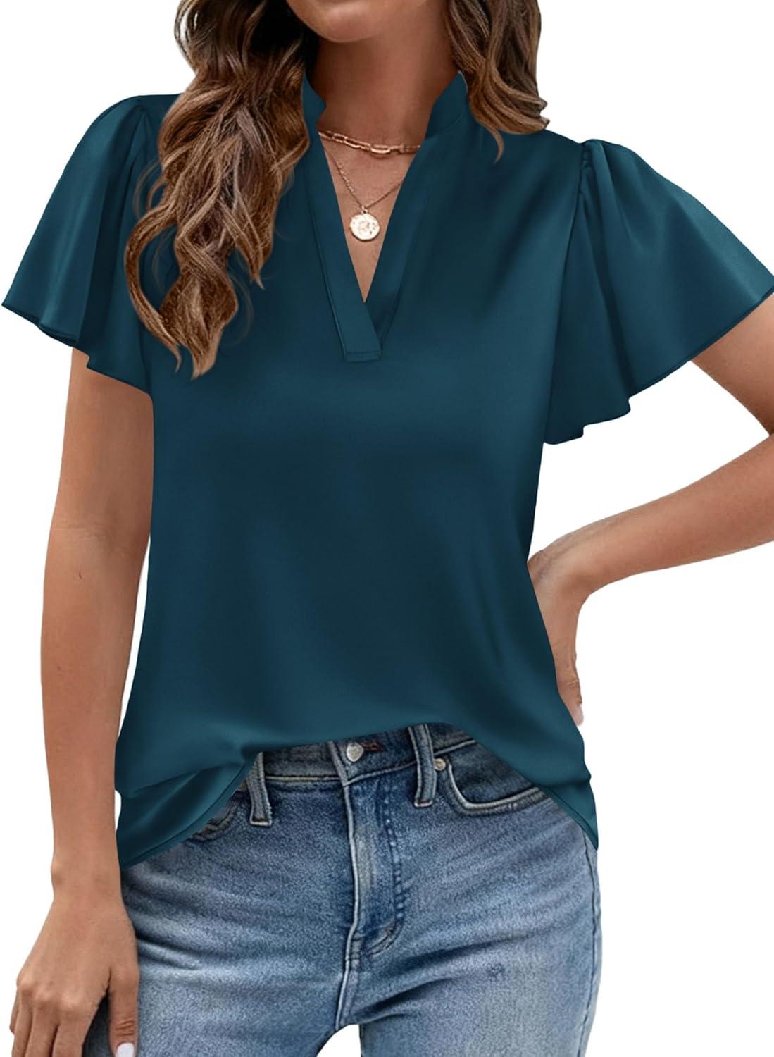 imagePRETTYGARDEN Womens 2026 Summer Satin Blouses Dressy Casual Ruffle Cap Sleeve V Neck Business Work Cute Tops Spring OutfitsDark Blue