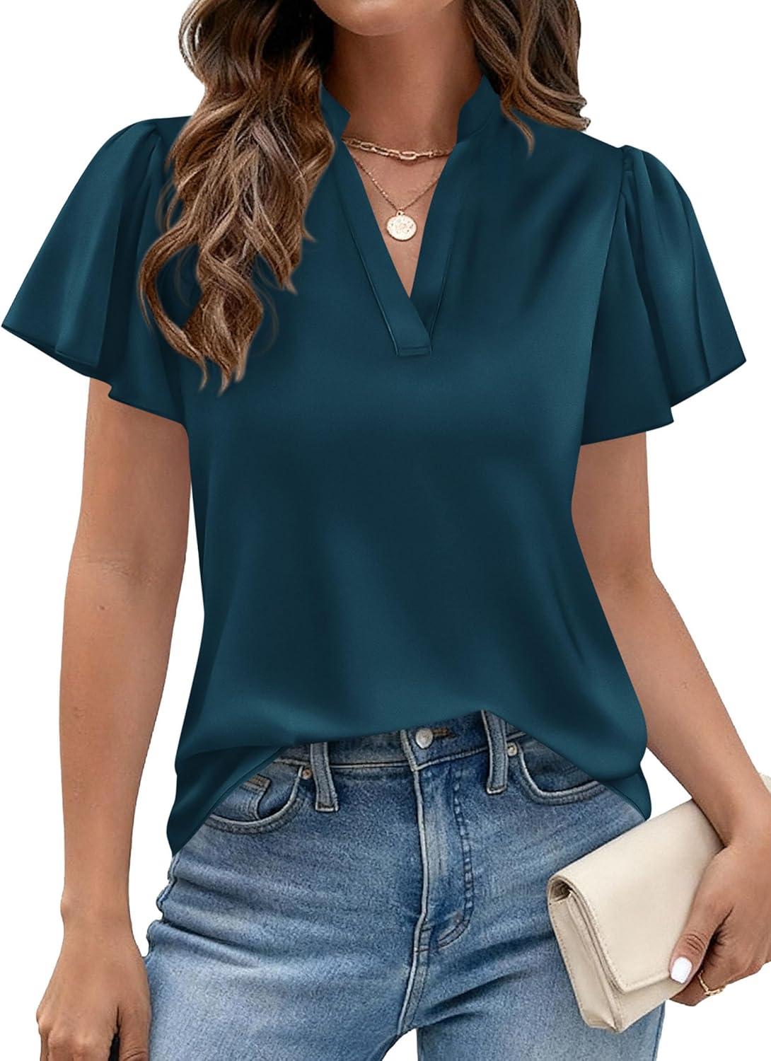 imagePRETTYGARDEN Womens 2026 Summer Satin Blouses Dressy Casual Ruffle Cap Sleeve V Neck Business Work Cute Tops Spring OutfitsDark Blue