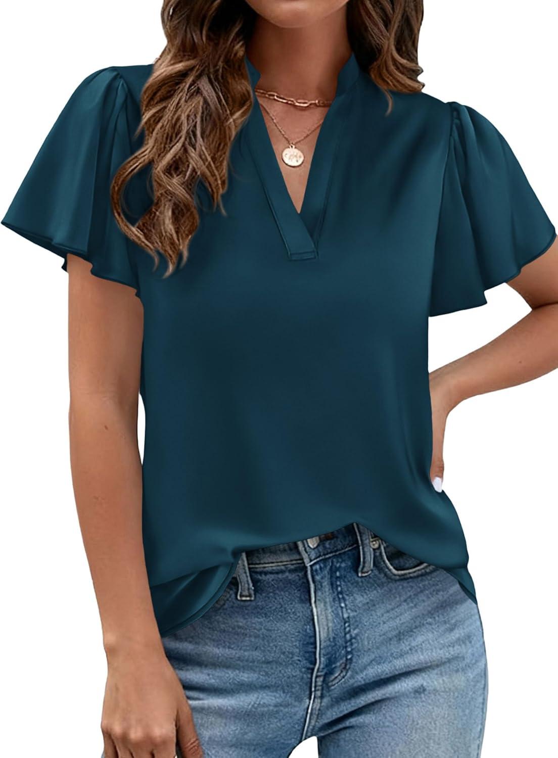 imagePRETTYGARDEN Womens 2026 Summer Satin Blouses Dressy Casual Ruffle Cap Sleeve V Neck Business Work Cute Tops Spring OutfitsDark Blue