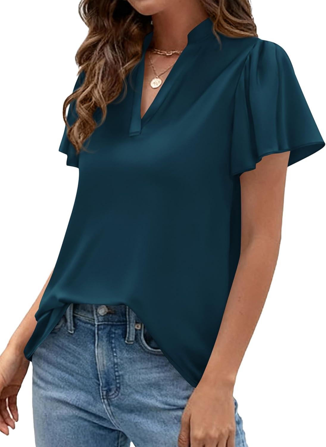imagePRETTYGARDEN Womens 2026 Summer Satin Blouses Dressy Casual Ruffle Cap Sleeve V Neck Business Work Cute Tops Spring OutfitsDark Blue