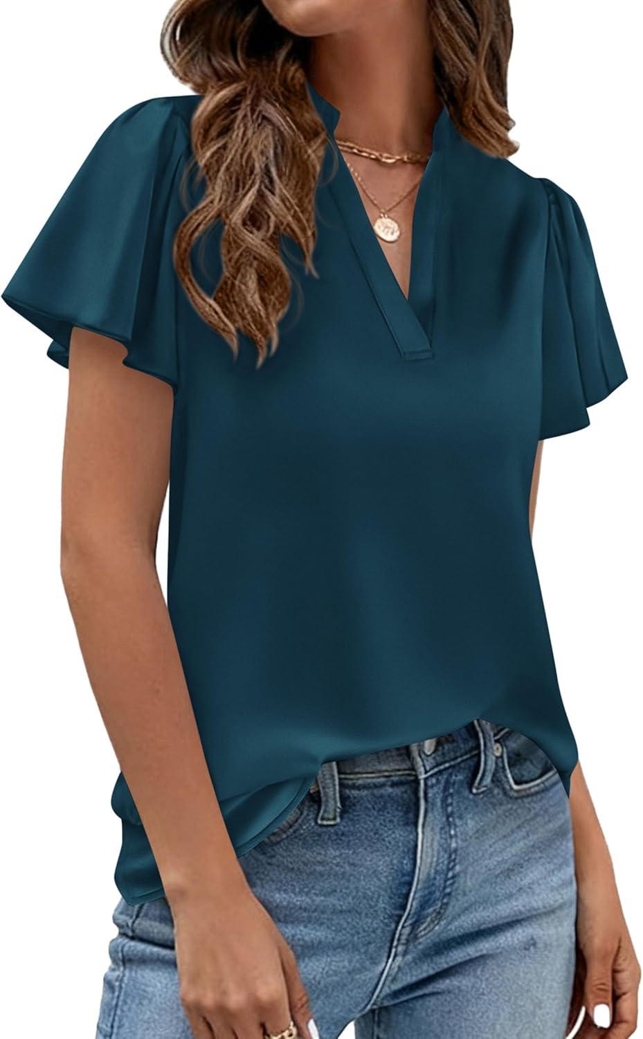 imagePRETTYGARDEN Womens 2026 Summer Satin Blouses Dressy Casual Ruffle Cap Sleeve V Neck Business Work Cute Tops Spring OutfitsDark Blue