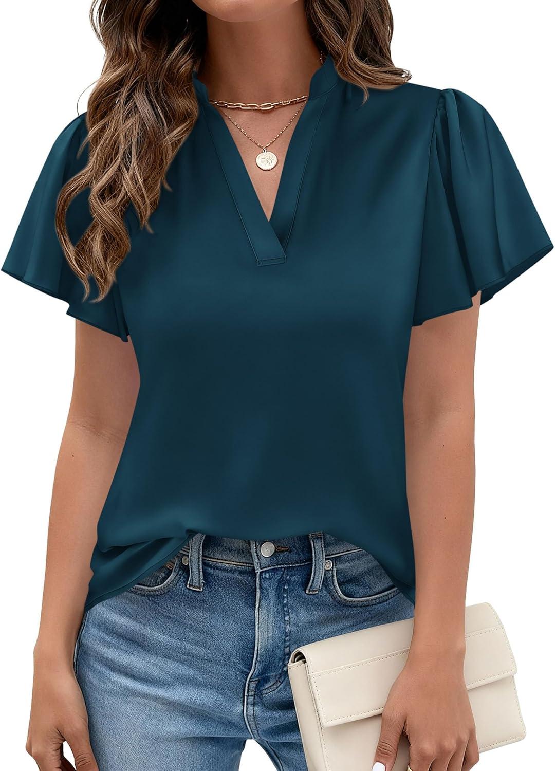 imagePRETTYGARDEN Womens 2026 Summer Satin Blouses Dressy Casual Ruffle Cap Sleeve V Neck Business Work Cute Tops Spring OutfitsDark Blue