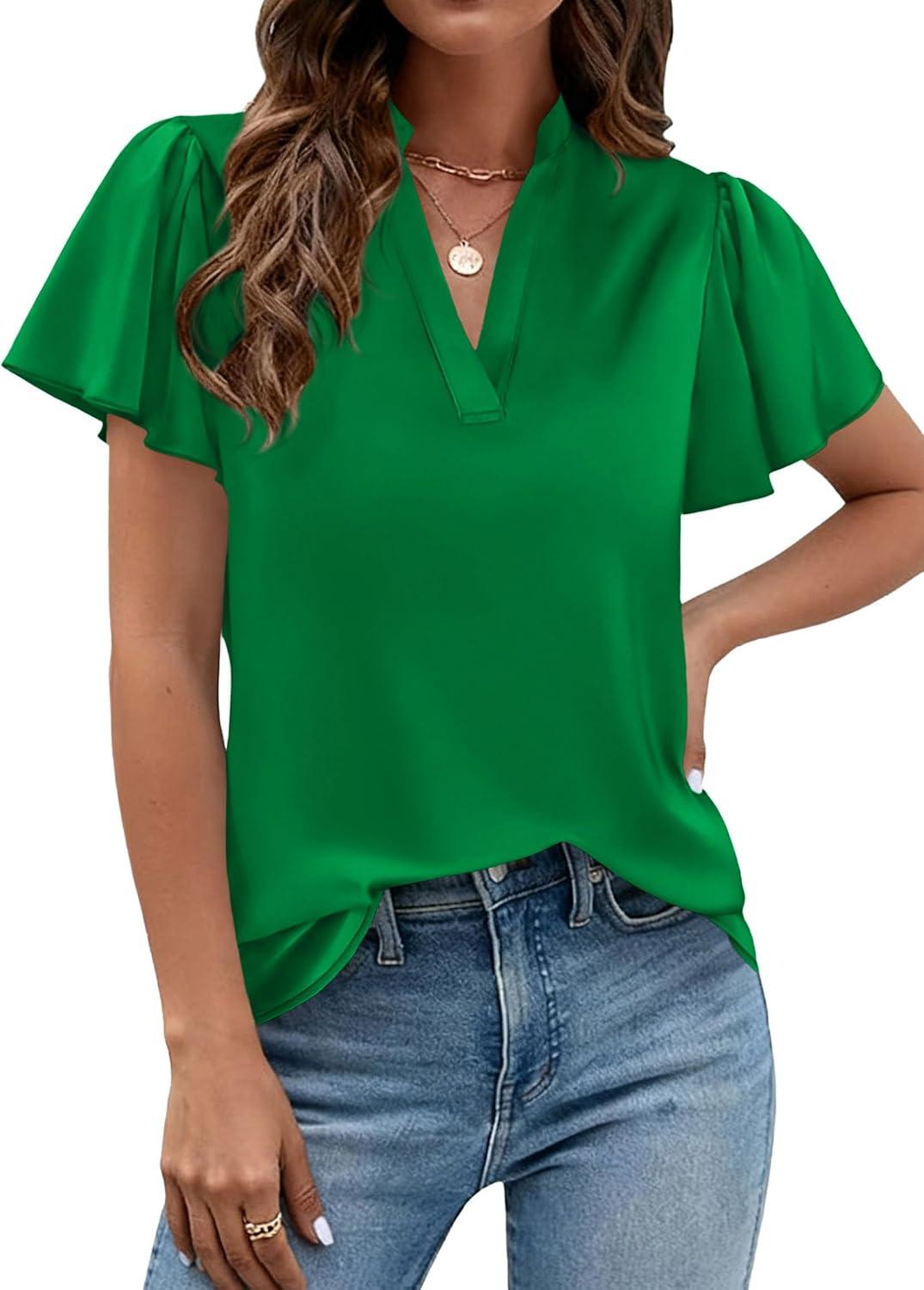 imagePRETTYGARDEN Womens 2026 Summer Satin Blouses Dressy Casual Ruffle Cap Sleeve V Neck Business Work Cute Tops Spring OutfitsGreen