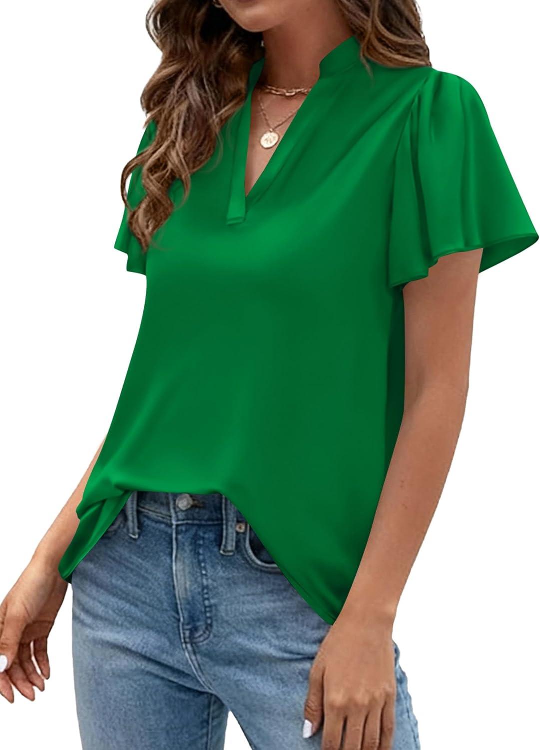 imagePRETTYGARDEN Womens 2026 Summer Satin Blouses Dressy Casual Ruffle Cap Sleeve V Neck Business Work Cute Tops Spring OutfitsGreen