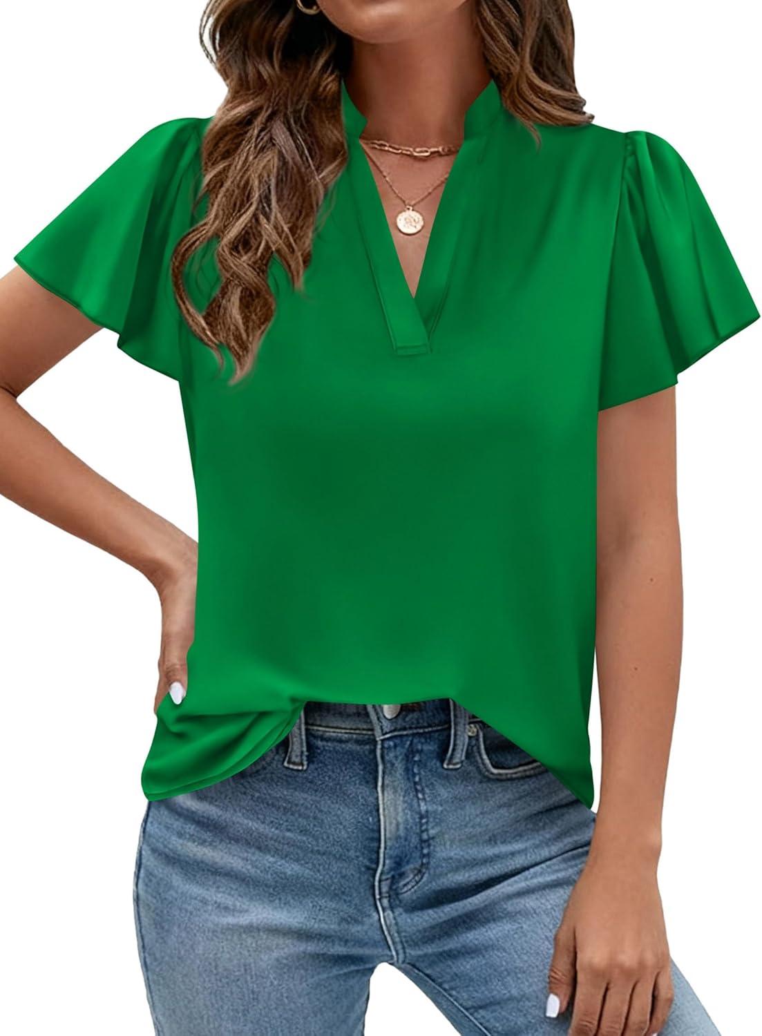 imagePRETTYGARDEN Womens 2026 Summer Satin Blouses Dressy Casual Ruffle Cap Sleeve V Neck Business Work Cute Tops Spring OutfitsGreen