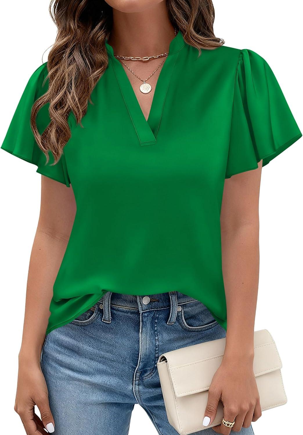 imagePRETTYGARDEN Womens 2026 Summer Satin Blouses Dressy Casual Ruffle Cap Sleeve V Neck Business Work Cute Tops Spring OutfitsGreen