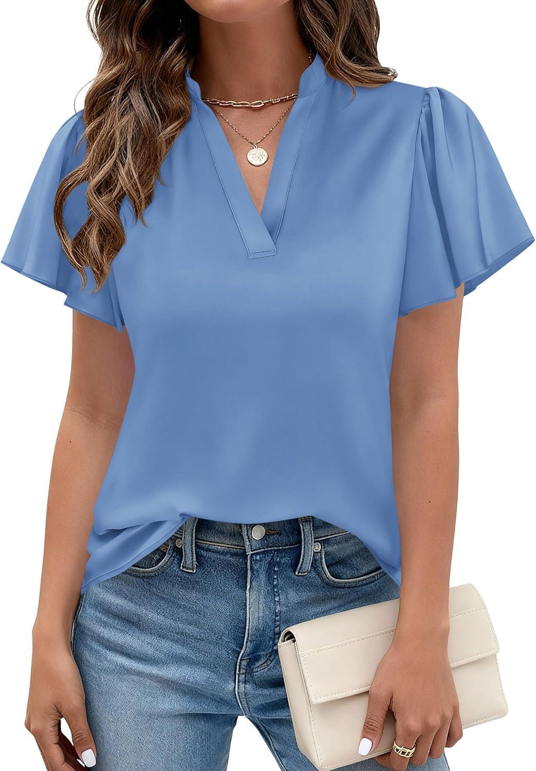 imagePRETTYGARDEN Womens 2026 Summer Satin Blouses Dressy Casual Ruffle Cap Sleeve V Neck Business Work Cute Tops Spring OutfitsLight Blue
