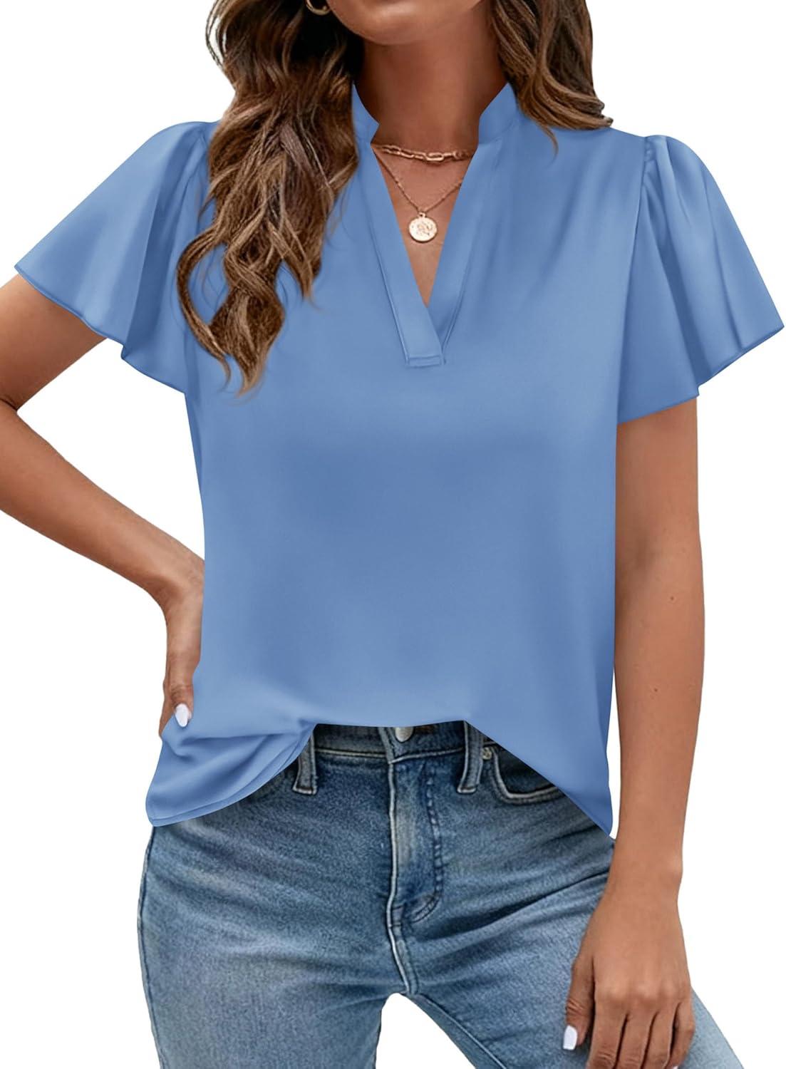 imagePRETTYGARDEN Womens 2026 Summer Satin Blouses Dressy Casual Ruffle Cap Sleeve V Neck Business Work Cute Tops Spring OutfitsLight Blue