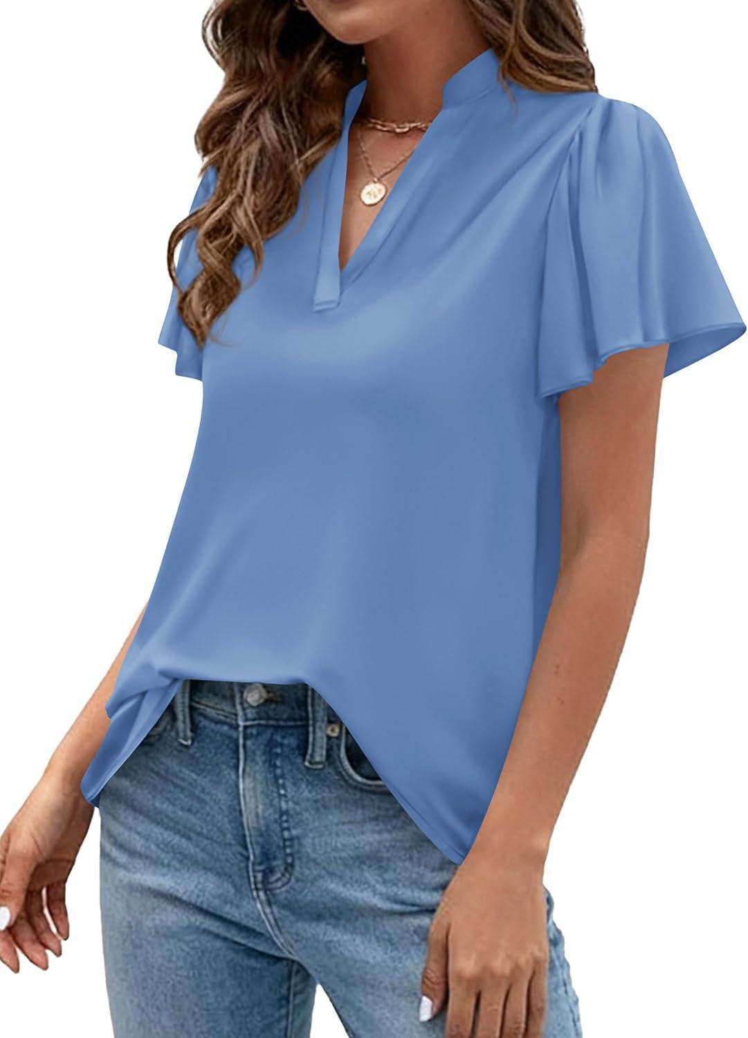 imagePRETTYGARDEN Womens 2026 Summer Satin Blouses Dressy Casual Ruffle Cap Sleeve V Neck Business Work Cute Tops Spring OutfitsLight Blue
