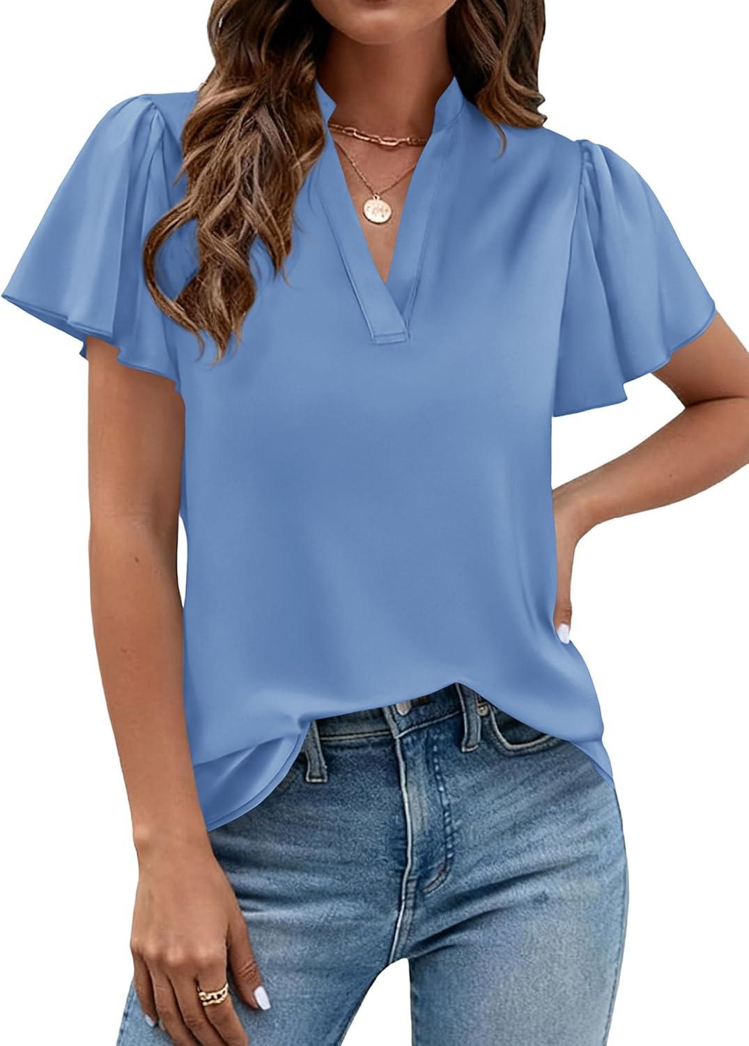 imagePRETTYGARDEN Womens 2026 Summer Satin Blouses Dressy Casual Ruffle Cap Sleeve V Neck Business Work Cute Tops Spring OutfitsLight Blue