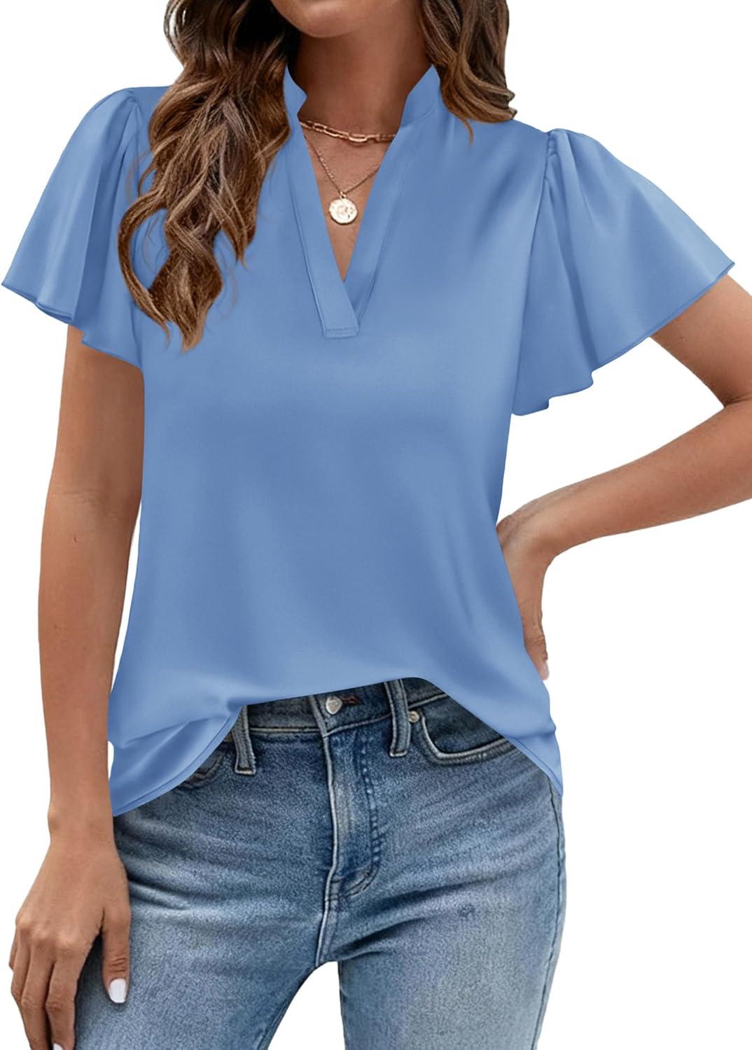 imagePRETTYGARDEN Womens 2026 Summer Satin Blouses Dressy Casual Ruffle Cap Sleeve V Neck Business Work Cute Tops Spring OutfitsLight Blue