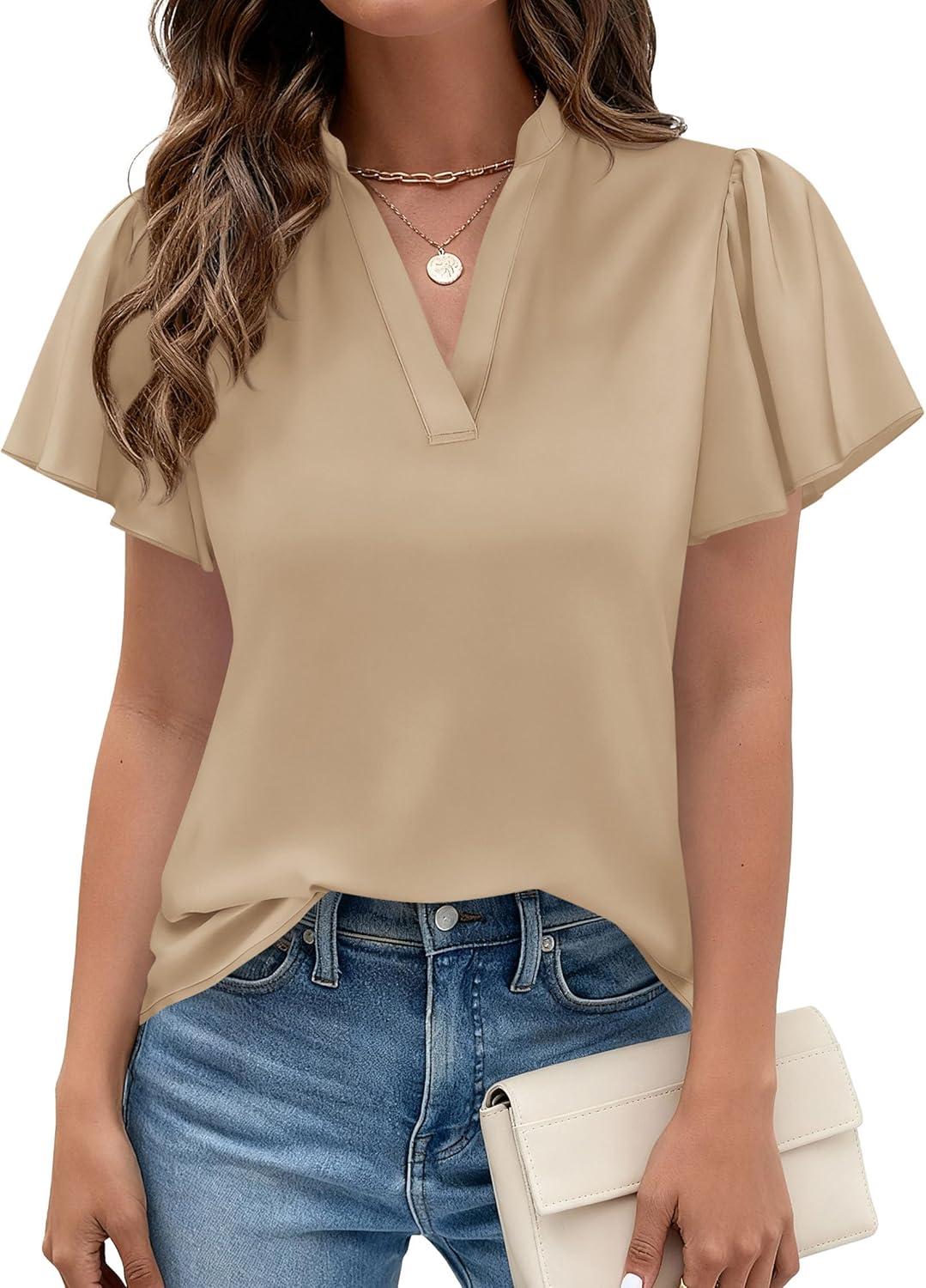 imagePRETTYGARDEN Womens 2026 Summer Satin Blouses Dressy Casual Ruffle Cap Sleeve V Neck Business Work Cute Tops Spring OutfitsLight Khaki