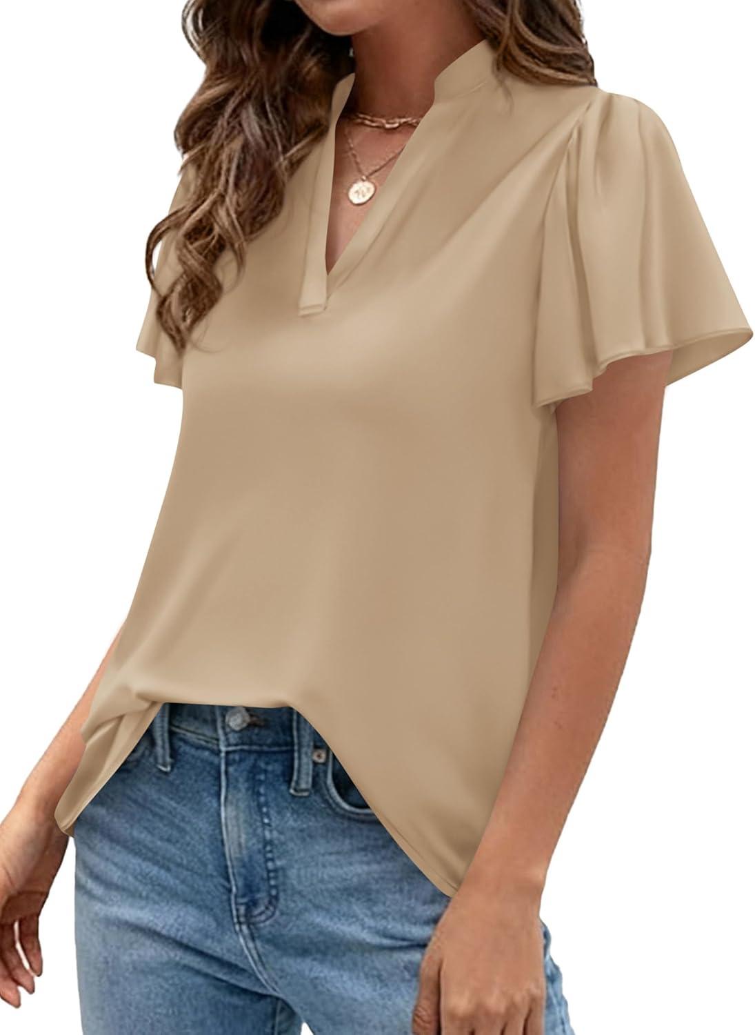 imagePRETTYGARDEN Womens 2026 Summer Satin Blouses Dressy Casual Ruffle Cap Sleeve V Neck Business Work Cute Tops Spring OutfitsLight Khaki