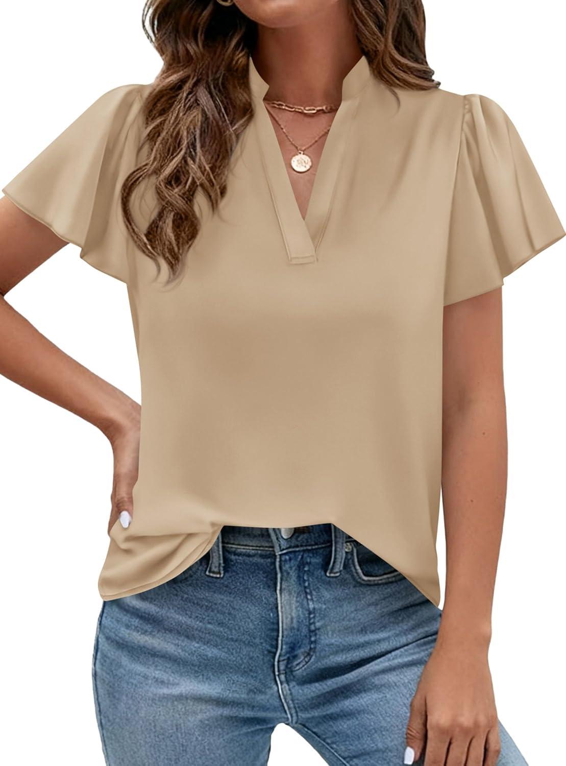 imagePRETTYGARDEN Womens 2026 Summer Satin Blouses Dressy Casual Ruffle Cap Sleeve V Neck Business Work Cute Tops Spring OutfitsLight Khaki
