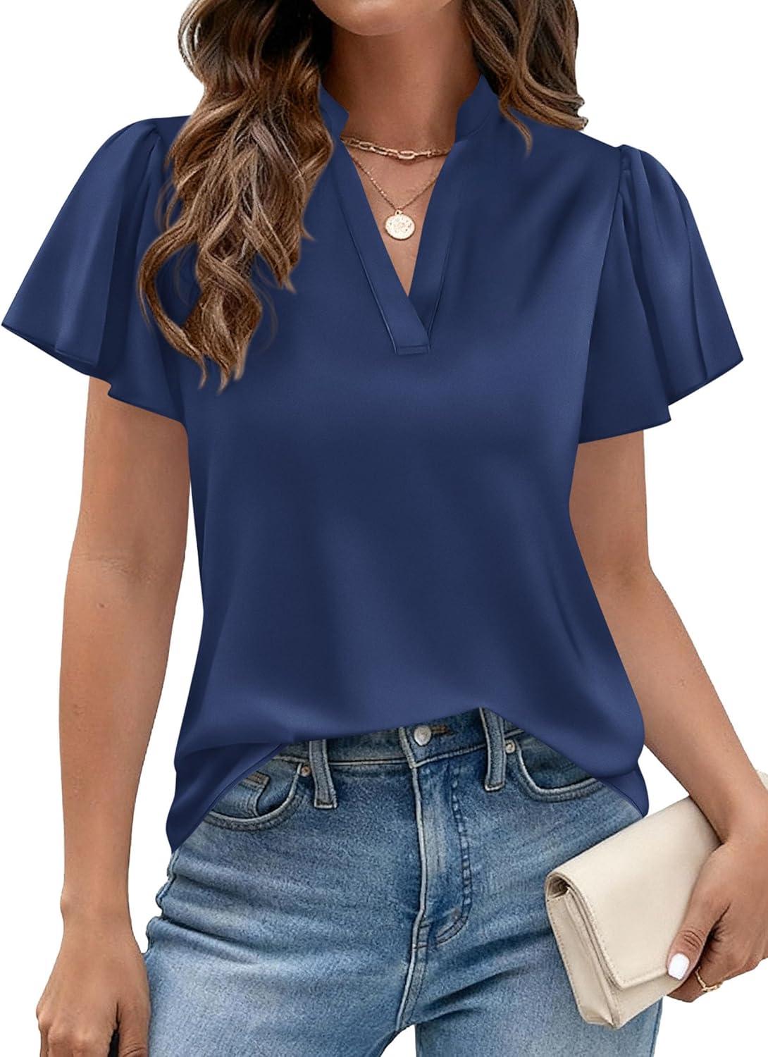 imagePRETTYGARDEN Womens 2026 Summer Satin Blouses Dressy Casual Ruffle Cap Sleeve V Neck Business Work Cute Tops Spring OutfitsNavy Blue