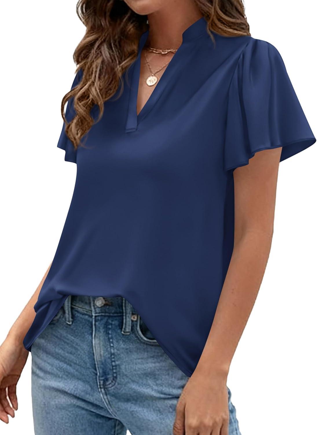 imagePRETTYGARDEN Womens 2026 Summer Satin Blouses Dressy Casual Ruffle Cap Sleeve V Neck Business Work Cute Tops Spring OutfitsNavy Blue