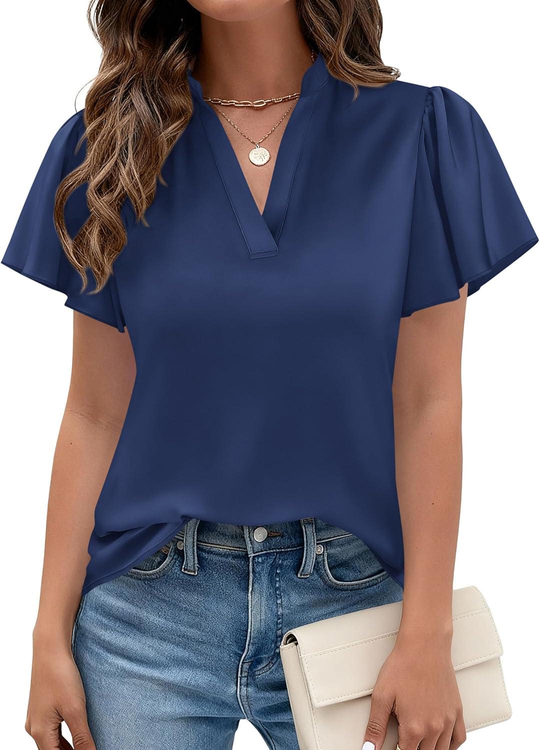 imagePRETTYGARDEN Womens 2026 Summer Satin Blouses Dressy Casual Ruffle Cap Sleeve V Neck Business Work Cute Tops Spring OutfitsNavy Blue