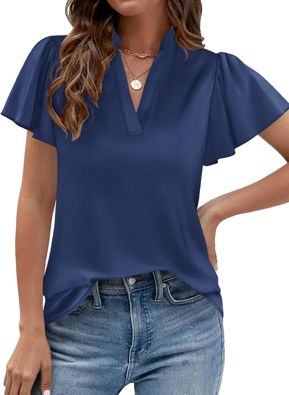 imagePRETTYGARDEN Womens 2026 Summer Satin Blouses Dressy Casual Ruffle Cap Sleeve V Neck Business Work Cute Tops Spring OutfitsNavy Blue